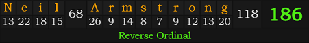 "Neil Armstrong" = 186 (Reverse Ordinal)