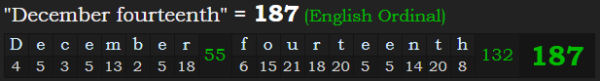 "December fourteenth" = 187 (English Ordinal)