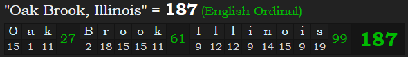 "Oak Brook, Illinois" = 187 (English Ordinal)