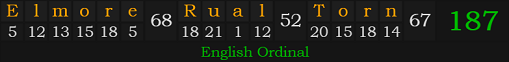 "Elmore Rual Torn" = 187 (English Ordinal)