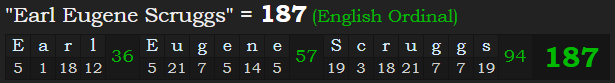 "Earl Eugene Scruggs" = 187 (English Ordinal)