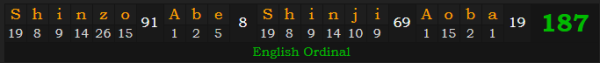 "Shinzo Abe - Shinji Aoba" = 187 (English Ordinal)