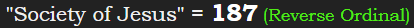 "Society of Jesus" = 187 (Reverse Ordinal)