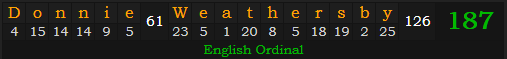 "Donnie Weathersby" = 187 (English Ordinal)