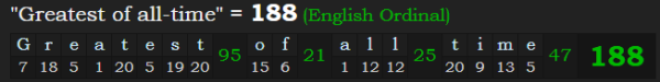 "Greatest of all-time" = 188 (English Ordinal)