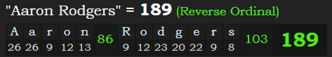 "Aaron Rodgers" = 189 (Reverse Ordinal)