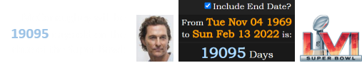 McConaughey will be 19095 days old on the date of the Super Bowl: