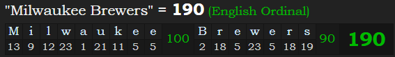 "Milwaukee Brewers" = 190 (English Ordinal)