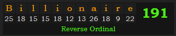 "Billionaire" = 191 (Reverse Ordinal)