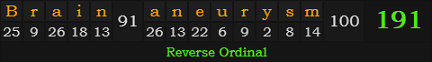 "Brain aneurysm" = 191 (Reverse Ordinal)