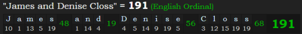 "James and Denise Closs" = 191 (English Ordinal)