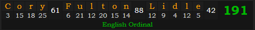 "Cory Fulton Lidle" = 191 (English Ordinal)