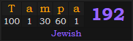 "Tampa" = 192 (Jewish)