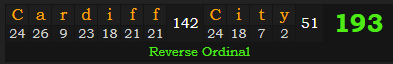 "Cardiff City" = 193 (Reverse Ordinal)