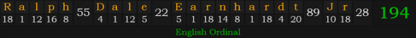 "Ralph Dale Earnhardt Jr." = 194 (English Ordinal)