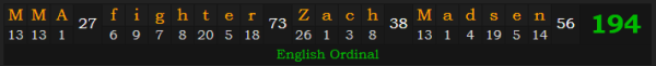 "MMA fighter Zach Madsen" = 194 (English Ordinal)