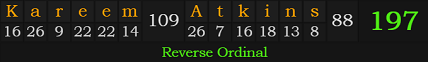 "Kareem Atkins" = 197 (Reverse Ordinal)