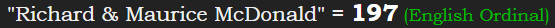 "Richard & Maurice McDonald" = 197 (English Ordinal)