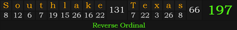 "Southlake, Texas" = 197 (Reverse Ordinal)