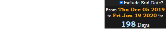 June 19th falls a span of 198 days after December 5th, the date G.T. Bynum was sworn into office: