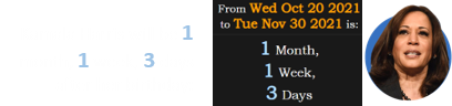 Kamala Harris will be 1 month, 1 week, 3 days after her birthday: