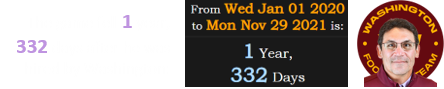 The game fell 1 year, 332 days after he was hired by Washington: