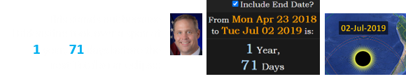This stands out because Bridenstine took over a span of 1 year, 71 days before the next Total solar eclipse: