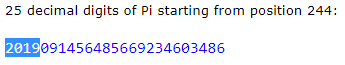 The digits 2019 appear at the 244th digits of pi