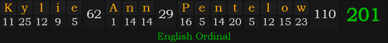 "Kylie Ann Pentelow" = 201 (English Ordinal)
