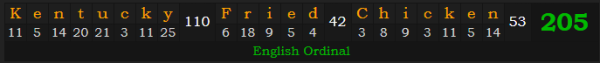 "Kentucky Fried Chicken" = 205 (English Ordinal)