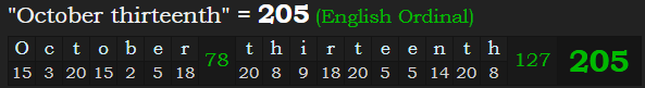 "October thirteenth" = 205 (English Ordinal)