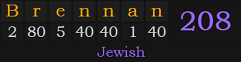"Brennan" = 208 (Jewish)