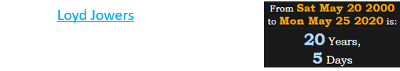 Loyd Jowers died on May 20th, written 5/20, exactly 20 years, 5 days before the death of George Floyd: