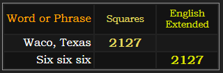 Waco, Texas = 2127 Squares, Six six six = 2127 Extended