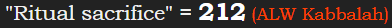 "Ritual sacrifice" = 212 (ALW Kabbalah)