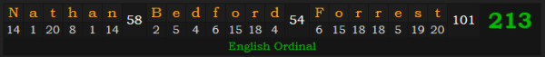 "Nathan Bedford Forrest" = 213 (English Ordinal)