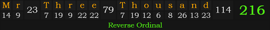 "Mr. Three Thousand" = 216 (Reverse Ordinal)