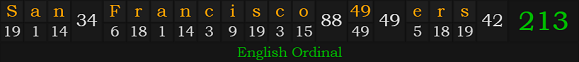 "San Francisco 49ers" = 213 (English Ordinal)