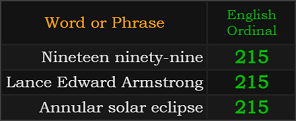 Nineteen ninety-nine, Lance Edward Armstrong, and Annular solar eclipse all = 215 Ordinal