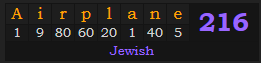 "Airplane" = 216 (Jewish)