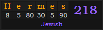 "Hermes" = 218 (Jewish)