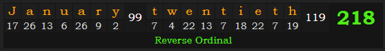 "January twentieth" = 218 (Reverse Ordinal)