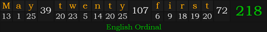 "May twenty-first" = 218 (English Ordinal)