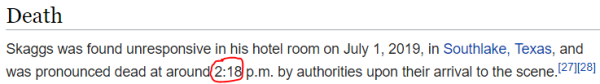 Skaggs was found unresponsive in his hotel room on July 1, 2019, in Southlake, Texas, and was pronounced dead at around 2:18 p.m. by authorities upon their arrival to the scene.