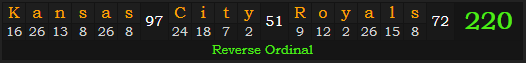 "Kansas City Royals" = 220 (Reverse Ordinal)