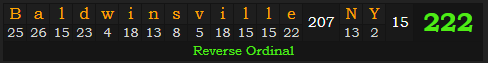 "Baldwinsville, NY" = 222 (Reverse Ordinal)