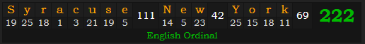 "Syracuse, New York" = 222 (English Ordinal)