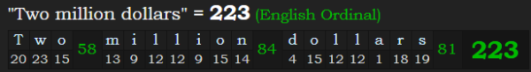 "Two million dollars" = 223 (English Ordinal)