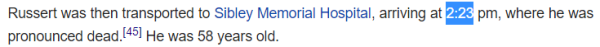 Russert was then transported to Sibley Memorial Hospital, arriving at 2:23 pm, where he was pronounced dead.[45] He was 58 years old.