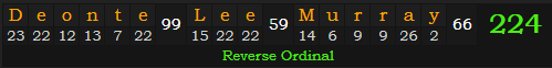 "Deonte Lee Murray" = 224 (Reverse Ordinal)